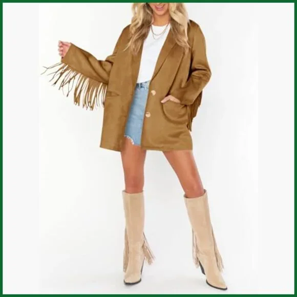 Faux Suede Fringe Blazer Jacket with Lapel Collar Button Front - Picture 4 of 7
